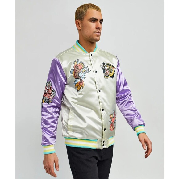 Reason Varsity Jacket Men’s Large Ivory Purple Fearless Tattoo Art Bomber - Picture 9 of 9